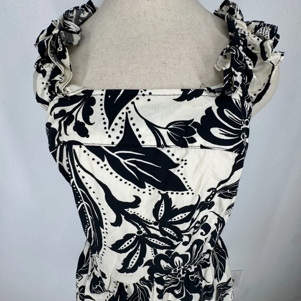 Who What Wear Floral Ruffle Strap‎ Open Back Mini Dress Black White Square Neck